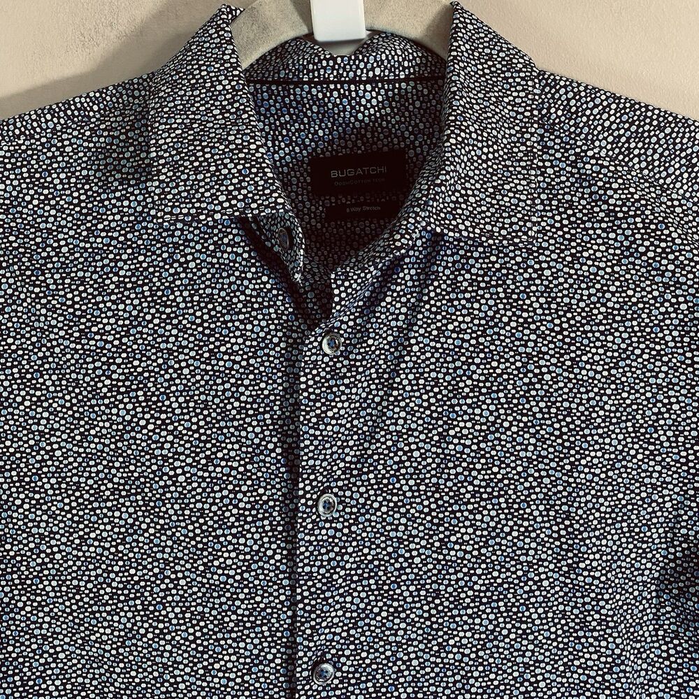 Bugatchi OoohCotton Tech Shirt Men's XL Blue Micro Dots 8-Way Stretch Knit